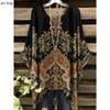 Camiseta de Verano para Mujer Estilo Étnico Estampado Retro Chaqueta Larga Informal Cómoda Camiseta Dobladillo Irregular Cuello Redondo Manga Corta para Mujer