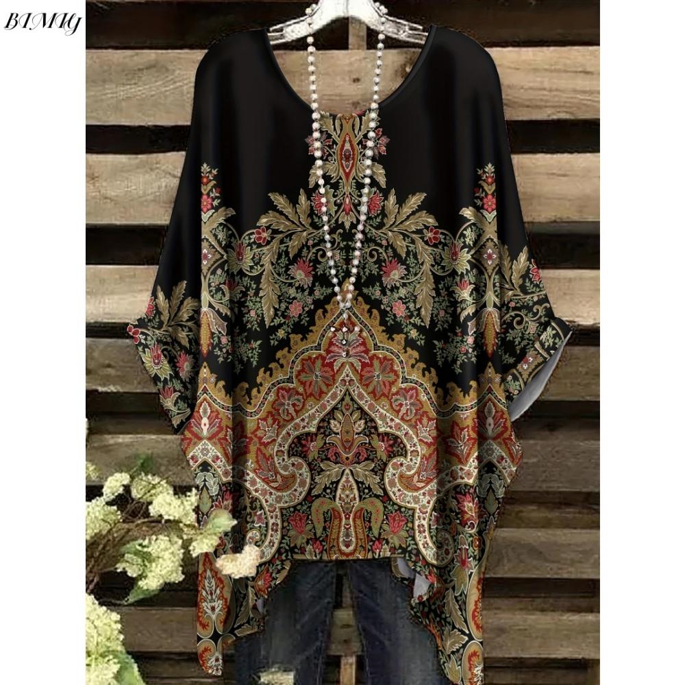 Camiseta de Verano para Mujer Estilo Étnico Estampado Retro Chaqueta Larga Informal Cómoda Camiseta Dobladillo Irregular Cuello Redondo Manga Corta para Mujer