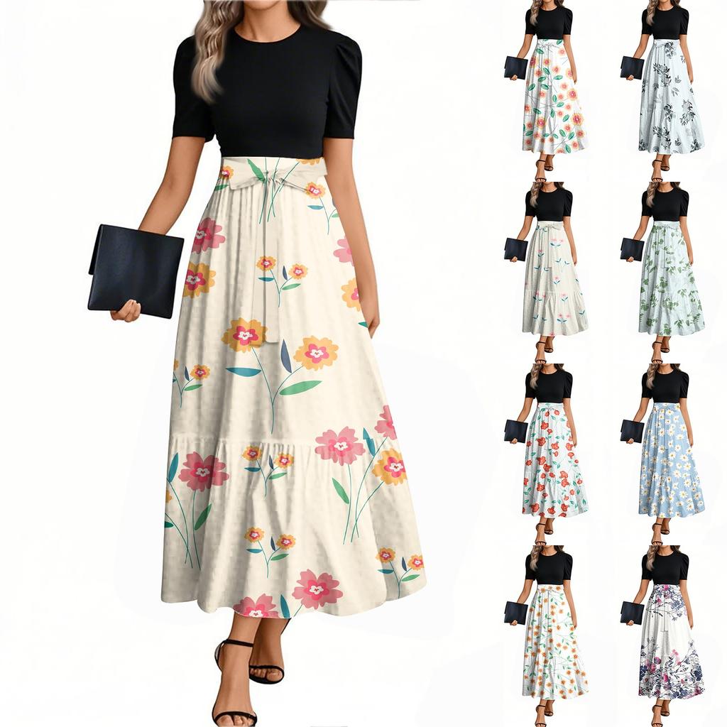 Women's Fashion Casual Belt Short Sleeve Round Neck Floral Stitching Elegant Temperament Dress
