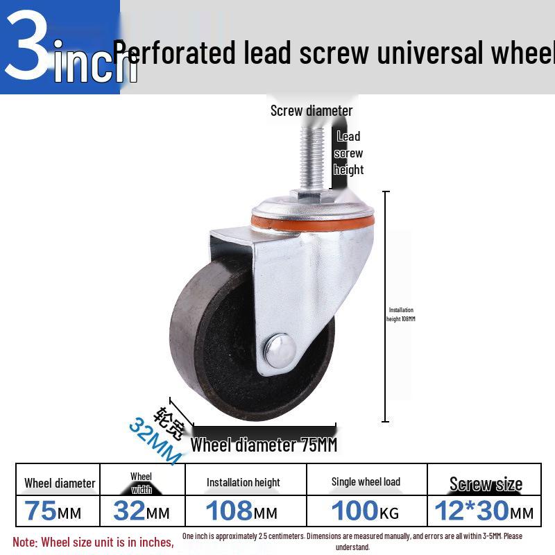 3/4/5 Inch Medium All-Iron Swivel Casters with Through-Hole, Double Axle, High Temp Resistance, Load-Bearing, and Wear-Resistant.