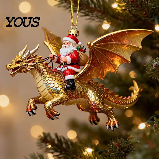 Christmas Tree Hanging Ornament Santa Claus Dragon Rider Ornament, 2D Acrylic Red Resin Pendant with Flying Decorations for Home Parties Decor Unique