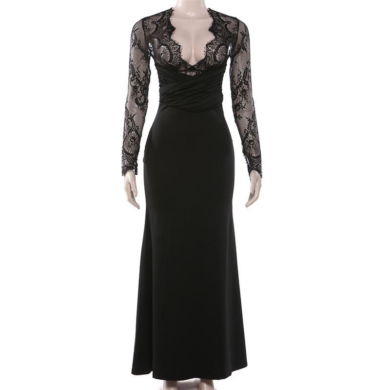 2026 Spring Elegant European-Style Lace Patchwork Deep V-Neck Slim Fit Long Sleeve Dress for Women