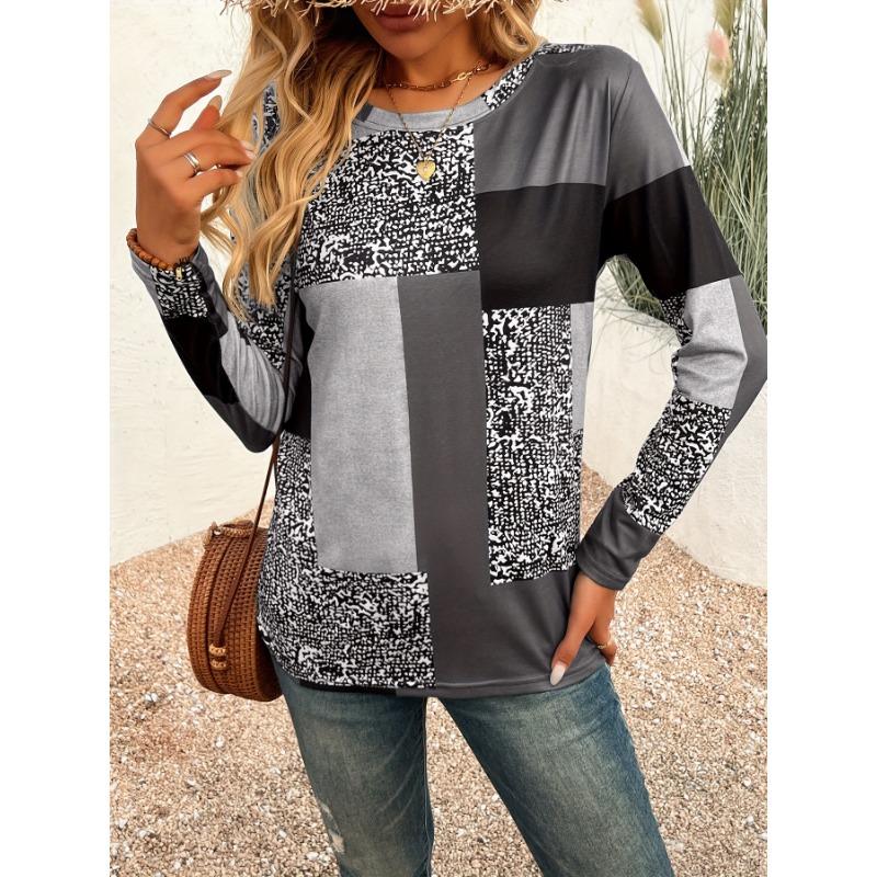 Ladies' Casual Geometric Digital Printed Long Sleeved T-shirt, Fashionable Casual Clothing