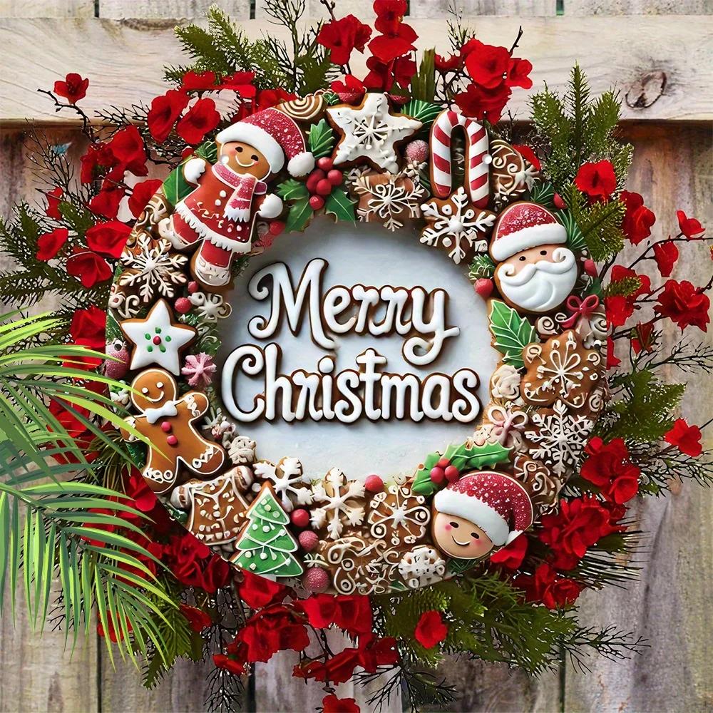 2D Merry Christmas Garland, Santa Claus Candy Christmas Tree 7.87inch Wooden Round-shaped Hanging Wall or Door Decor