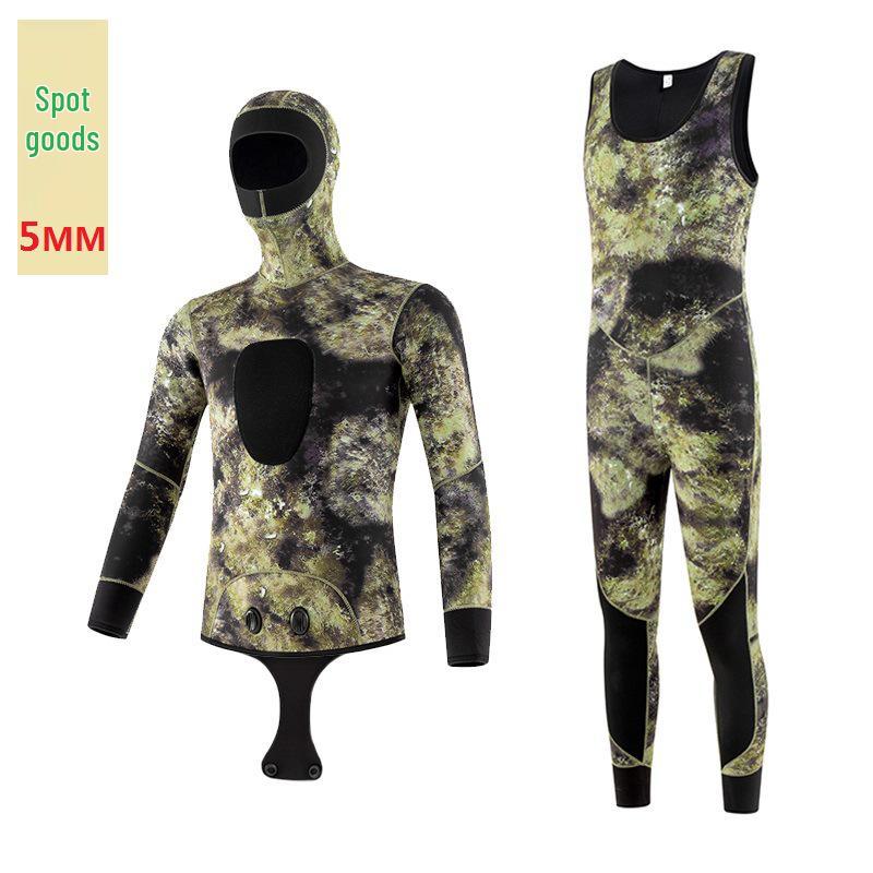 5mm Camo Hooded Wetsuit for Men & Women - Professional Diving, Hunting, Cold-Proof Fishing Suit.