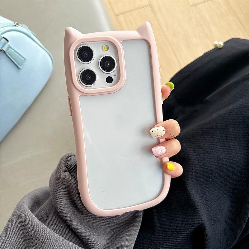 Cute Cat Ears Drop-Proof Phone Case for iPhone 17 Pro Max - Transparent, Grooved Design