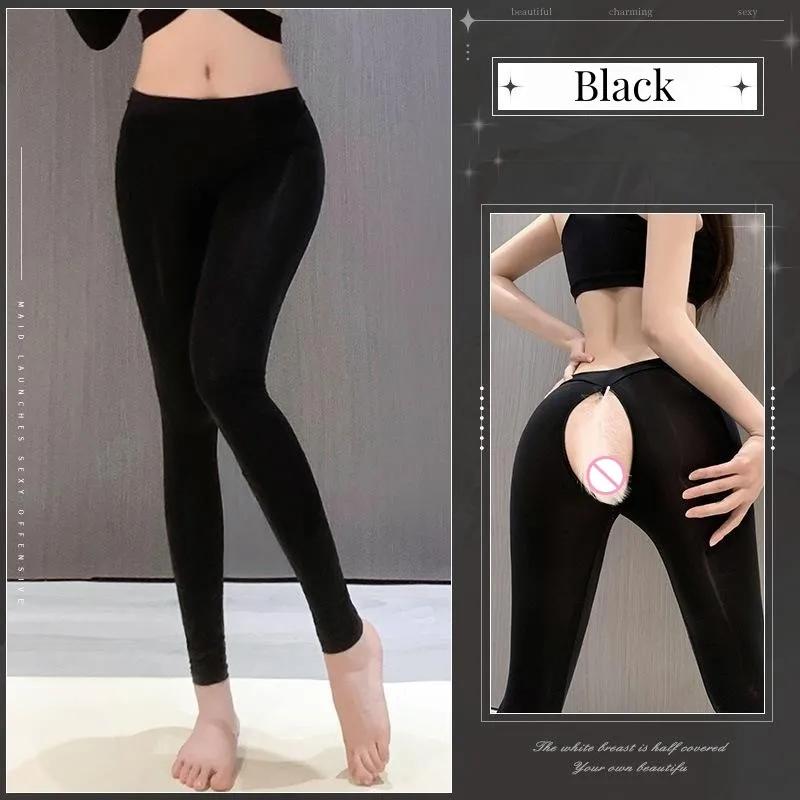 Cosplay Preto e Cinza Liso Zíper Entrepernas Abertas Calças de Yoga Roupa Íntima Meias Calças Sexy Calças Entrepernas Abertas Hotpants