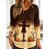 Women's Long Sleeve Crew Neck Halloween Black Cat Print Casual T-Shirt, Regular Tops for Spring Summer Daily Weekend Wear
