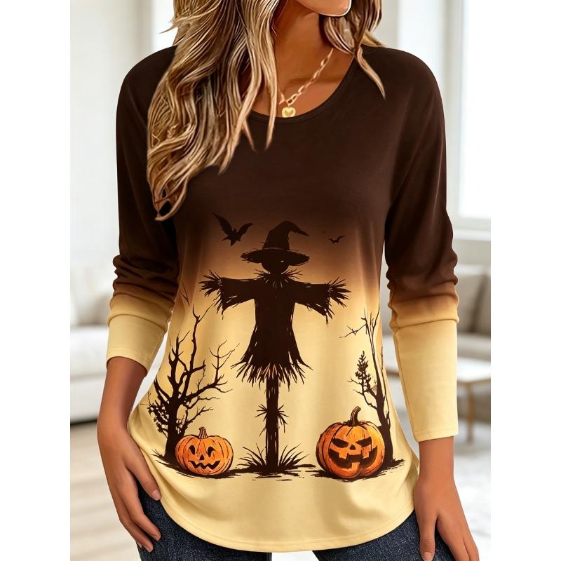 Women's Long Sleeve Crew Neck Halloween Black Cat Print Casual T-Shirt, Regular Tops for Spring Summer Daily Weekend Wear