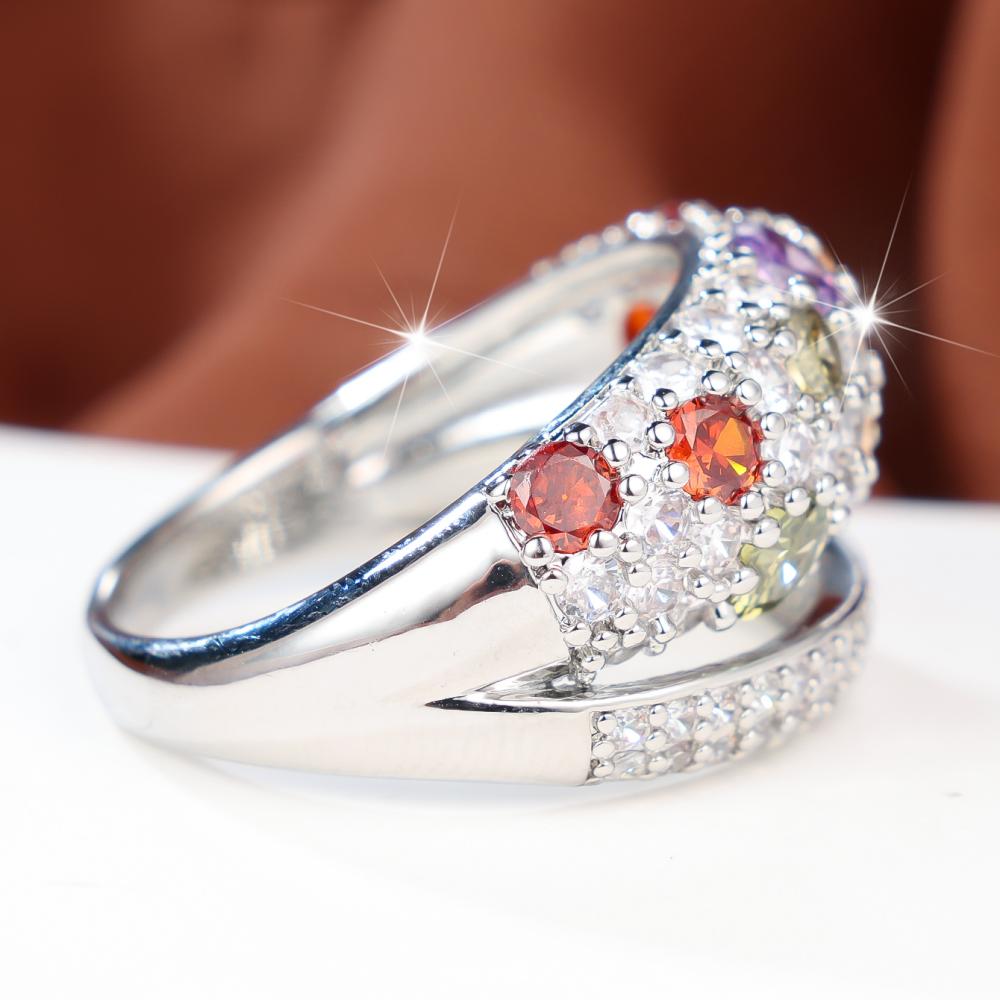 Luxury Silver Color Ring for Women Multi Color Round Zircon Paved Evening Party Banquet Fashion Jewelry Gift