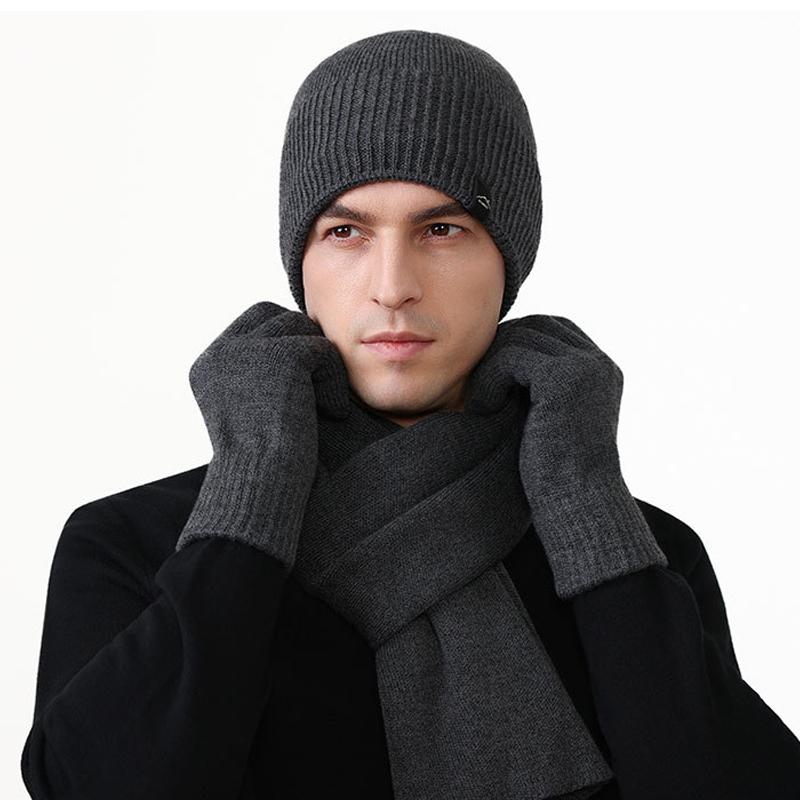 Thick Velvet Warm Windproof Three-Piece Set Big Head Circumference Knitted Hat Long Scarf Touch Screen Gloves