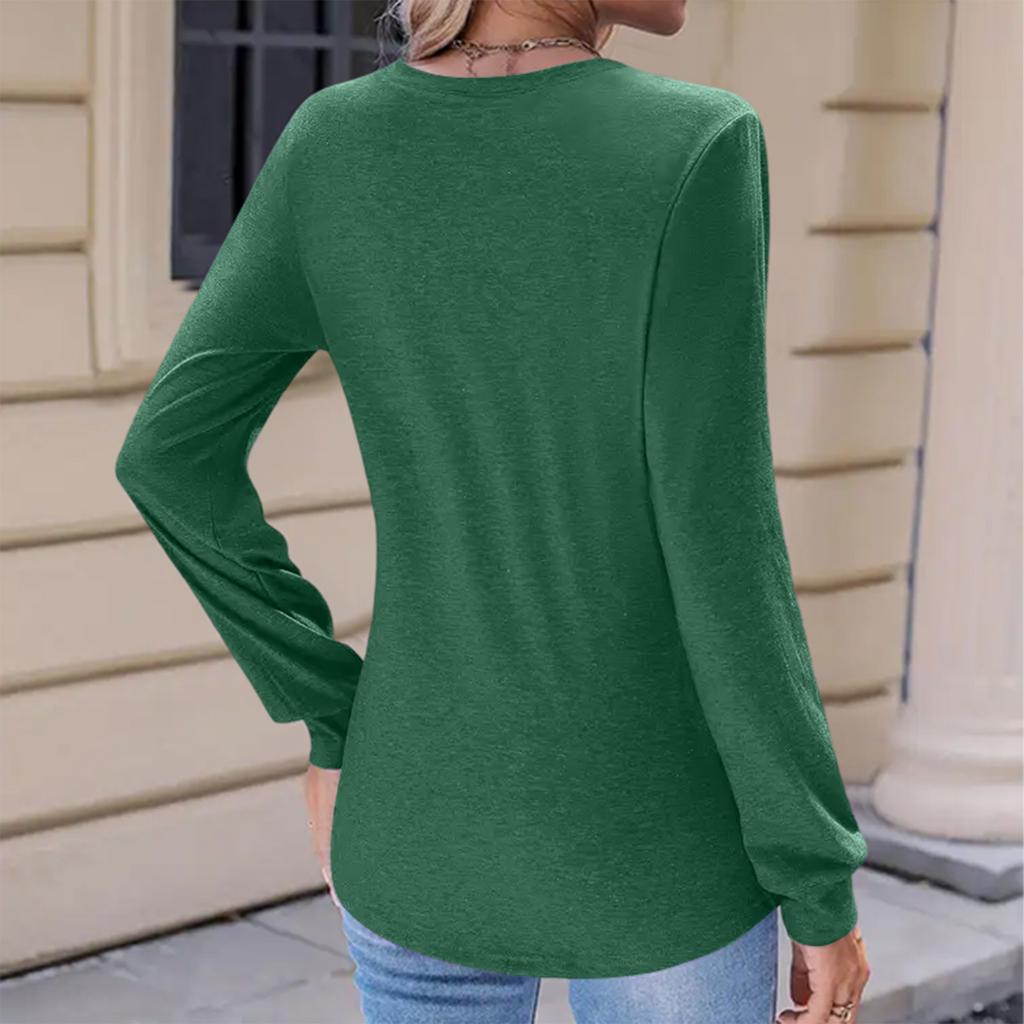 Women's Fashion Casual Solid Color Pleated Comfortable Round Neck Loose Long Sleeve T-shirt Top