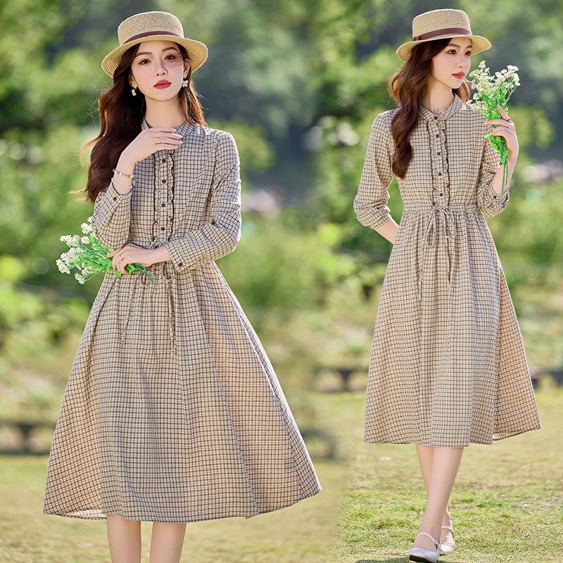 

Весеннее женское платье в клетку с воротником-стойкой, миди, с длинными рукавами и сборкой на талии, 2025 M 90-110 lbs