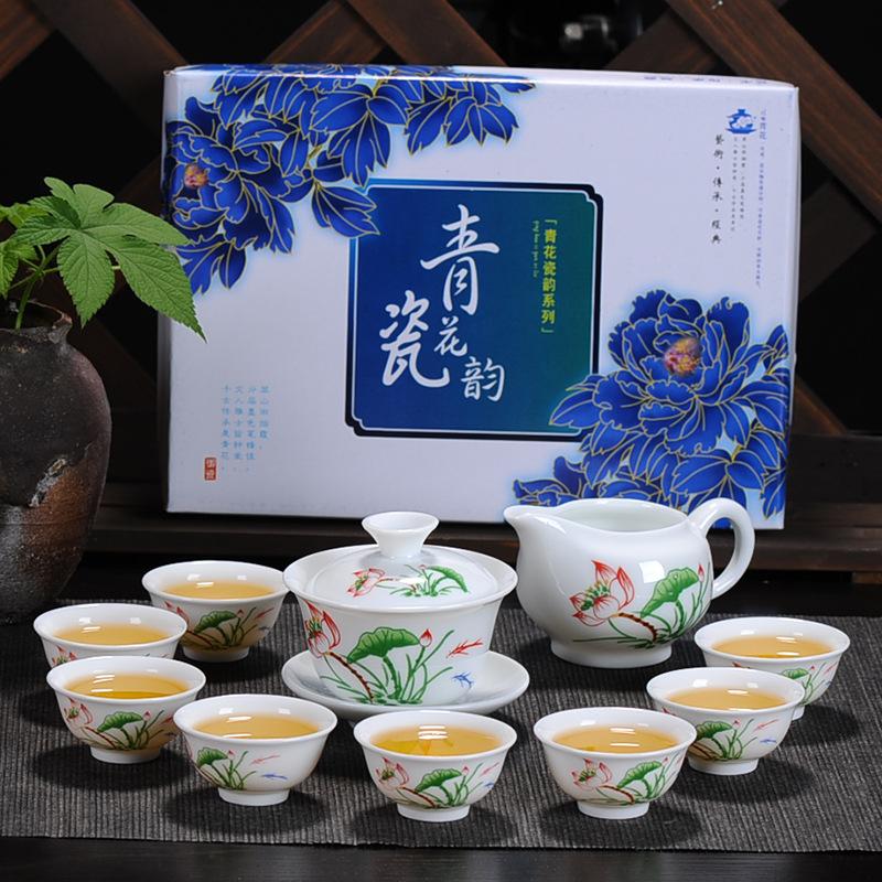 Kung Fu čajová souprava keramický čajový šálek bílý porcelán celá sada modrobílý čajový šálek víčko miska čajová souprava