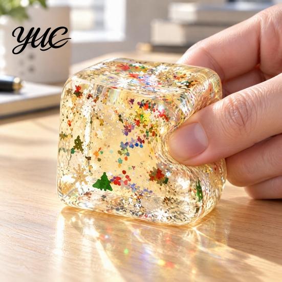 Reusable Stress Relief Hand Toys Christmas Ice Cube Squishy Fidget Toy, Slow Rising Toy Sensory for with Snowflake Glitter, Festive Squeeze