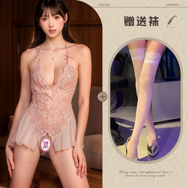 Neck new sexy underwear perspective lace hot backless deep V onesie women's uniform set