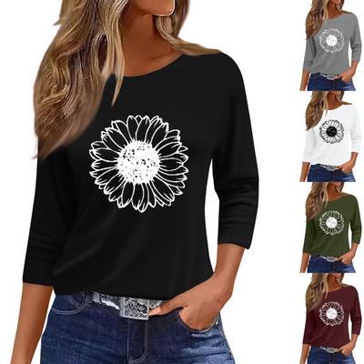Damenmode Lässiges Rundhals-T-Shirt mit 3/4-Ärmeln und lockerem Aufdruck