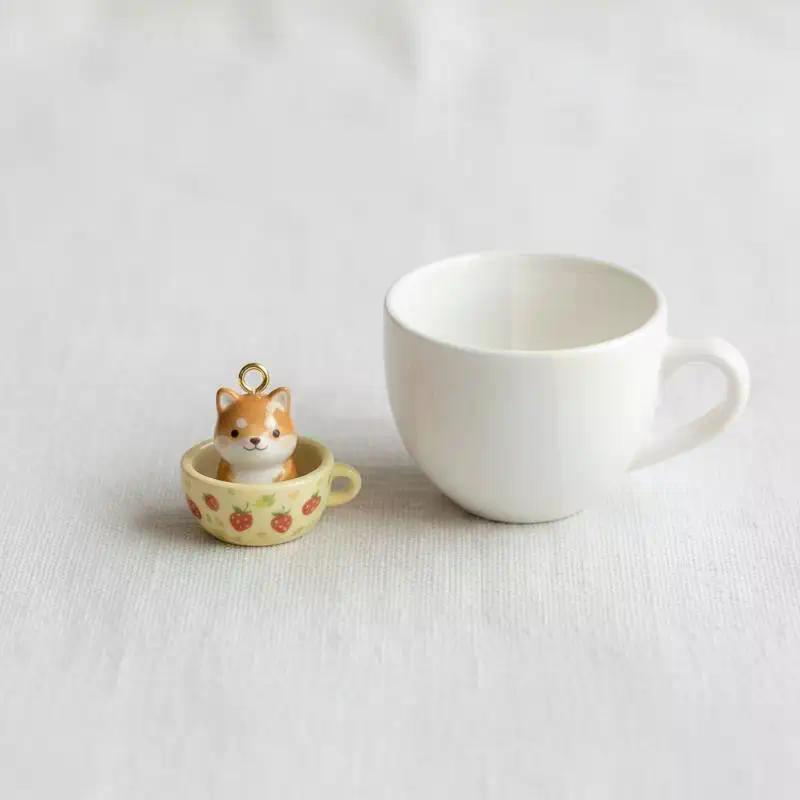 Aesthetic 3D Animal in Tea Cup Pendant Necklace Cute Rabbit Kitten Charms Creative DIY Jewelry Set Birthday Gift for Students