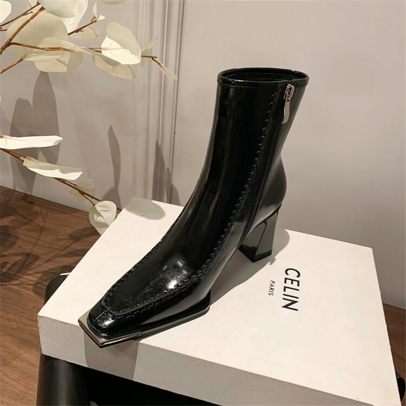 Fashion New Autumn Split Leather Knight Boots Square Toe Chunky Heel Boots for Women Winter Short Boots Concise Women Boots High Heels