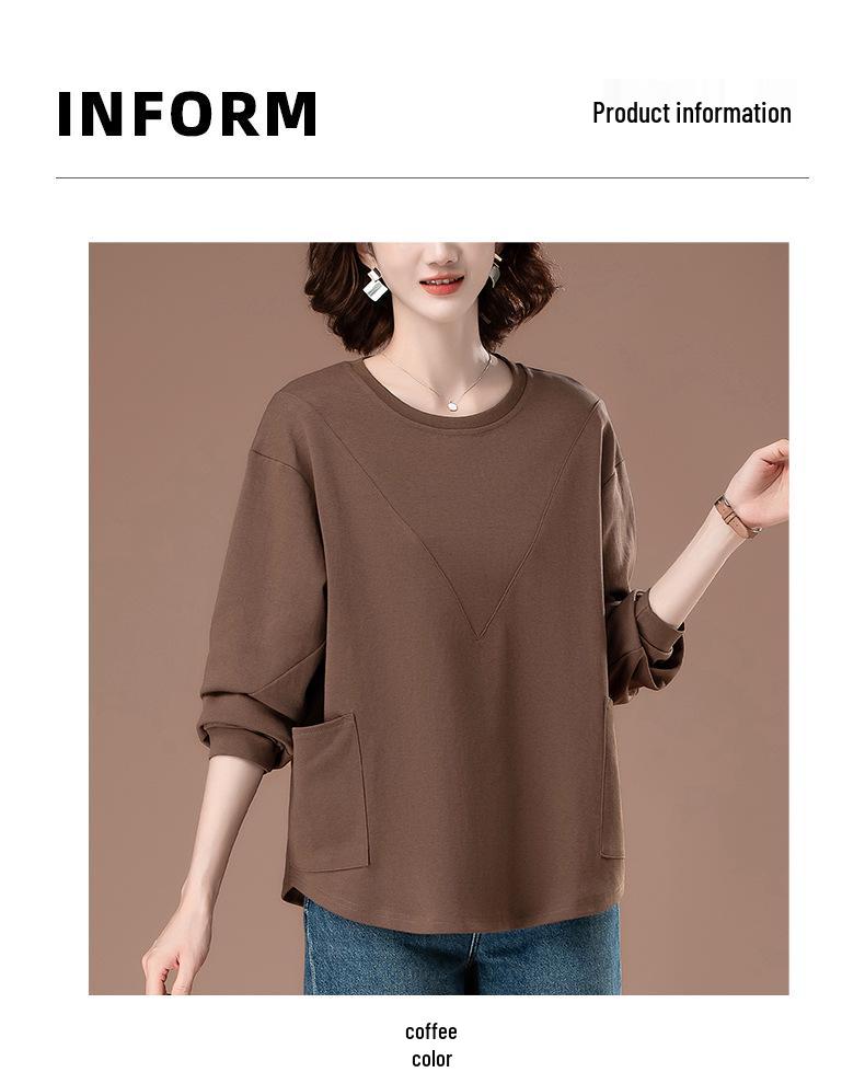 Plus Size Solid Color Long-Sleeve Shirt for Middle-Aged Women - Versatile Slimming Base for Spring & Autumn