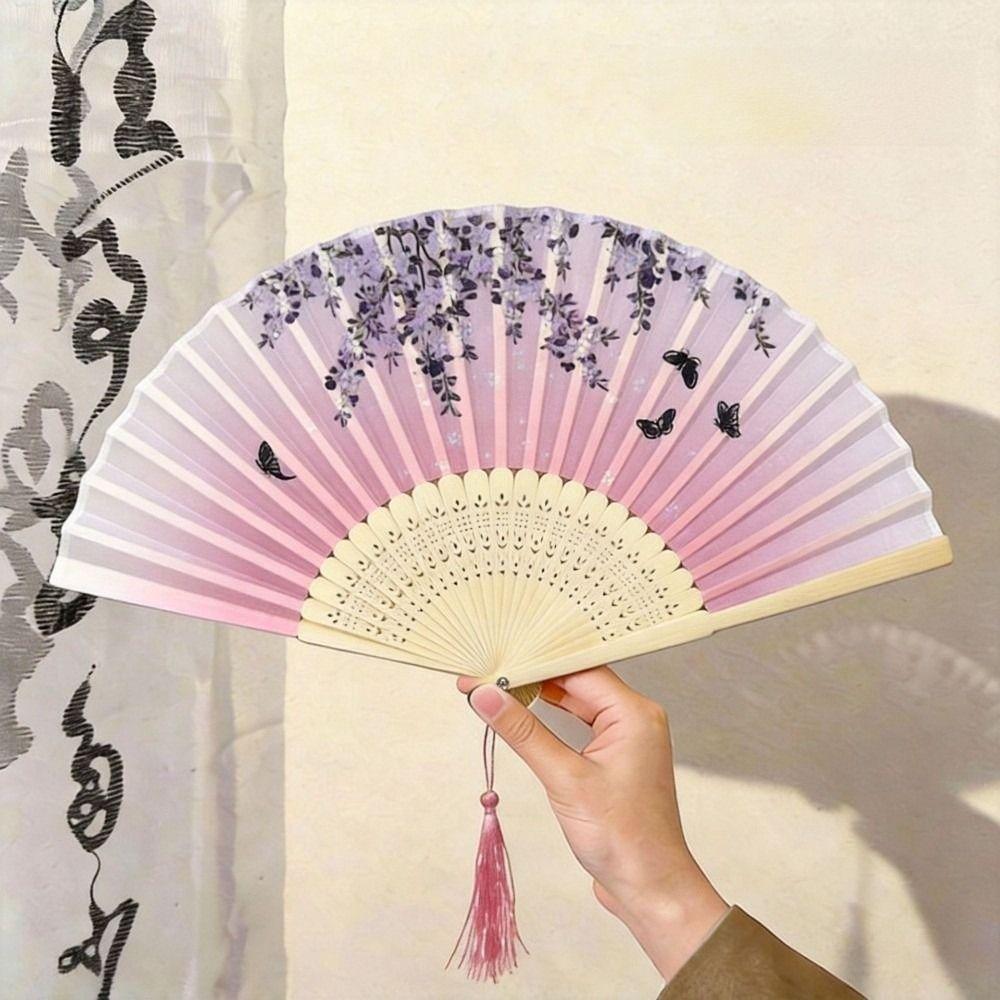 Faux Silk Material Wood Folding Fan Bamboo Frame Handheld Fan New Flower Bird Fan For Women