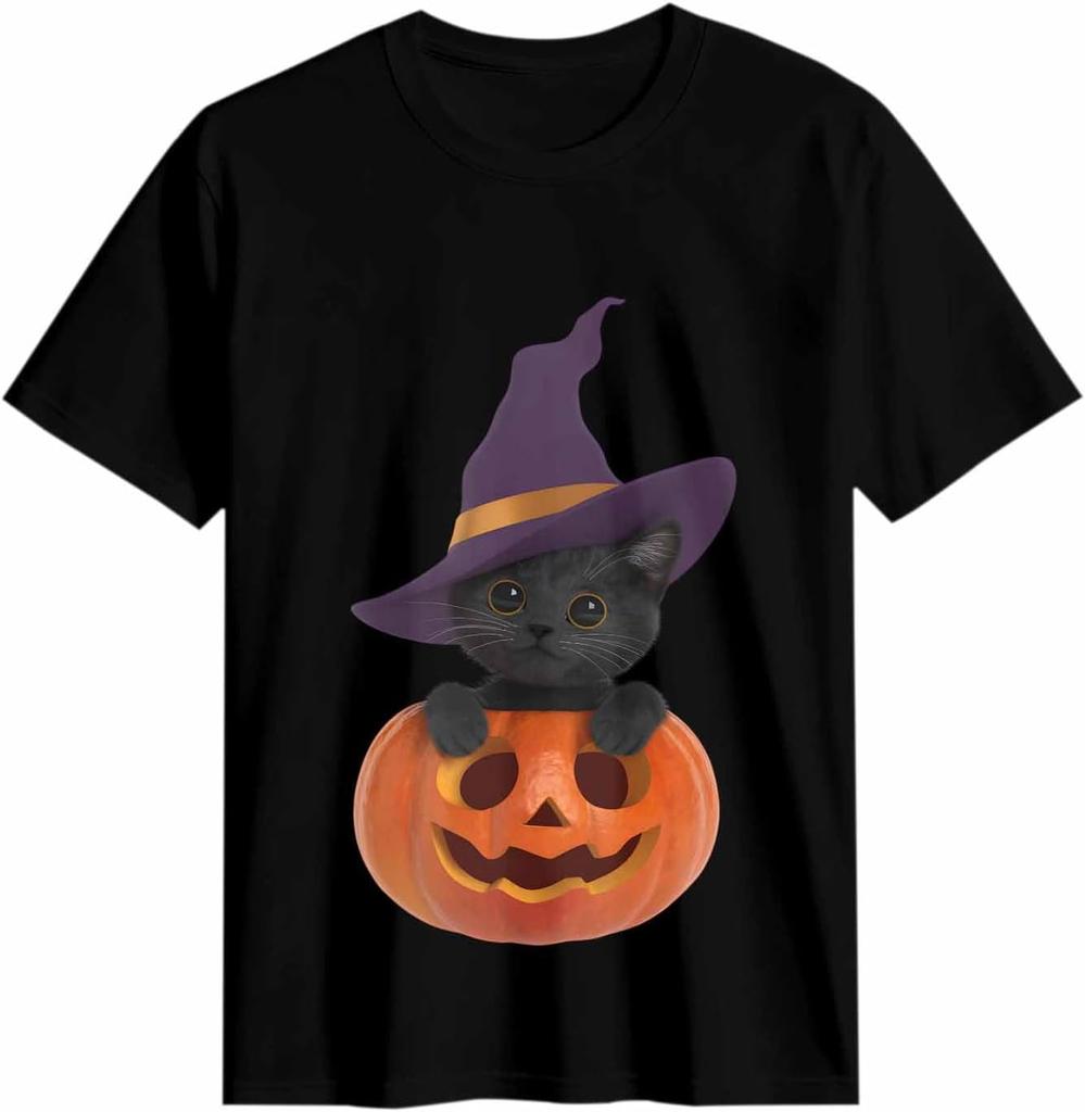 Cute Black Cat in Witch Hat Pumpkin Halloween T-shirt
