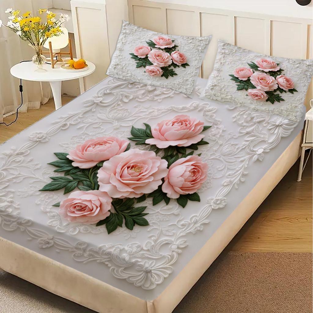 Rose Embroidered Fitted Sheet Set White Floral Pattern Bedding With Pillowcases For Bedroom