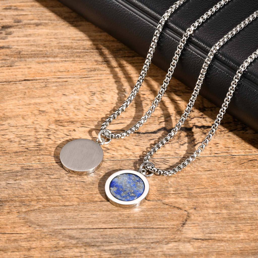 Blue Round Pendant Necklaces for Men Boys,Waterproof Natural Stone Pendant Necklaces,Casual Birthday Boyfriend Gifts