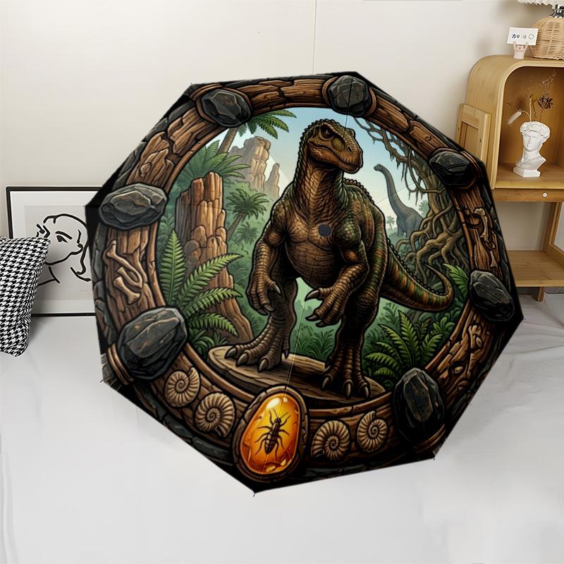 Prehistoric Jungle Adventure Pattern Umbrella, Portable and Foldable Design, 8 Ribs, a Casual Accessory for Halloween, Christmas, and Birthday Gifts.