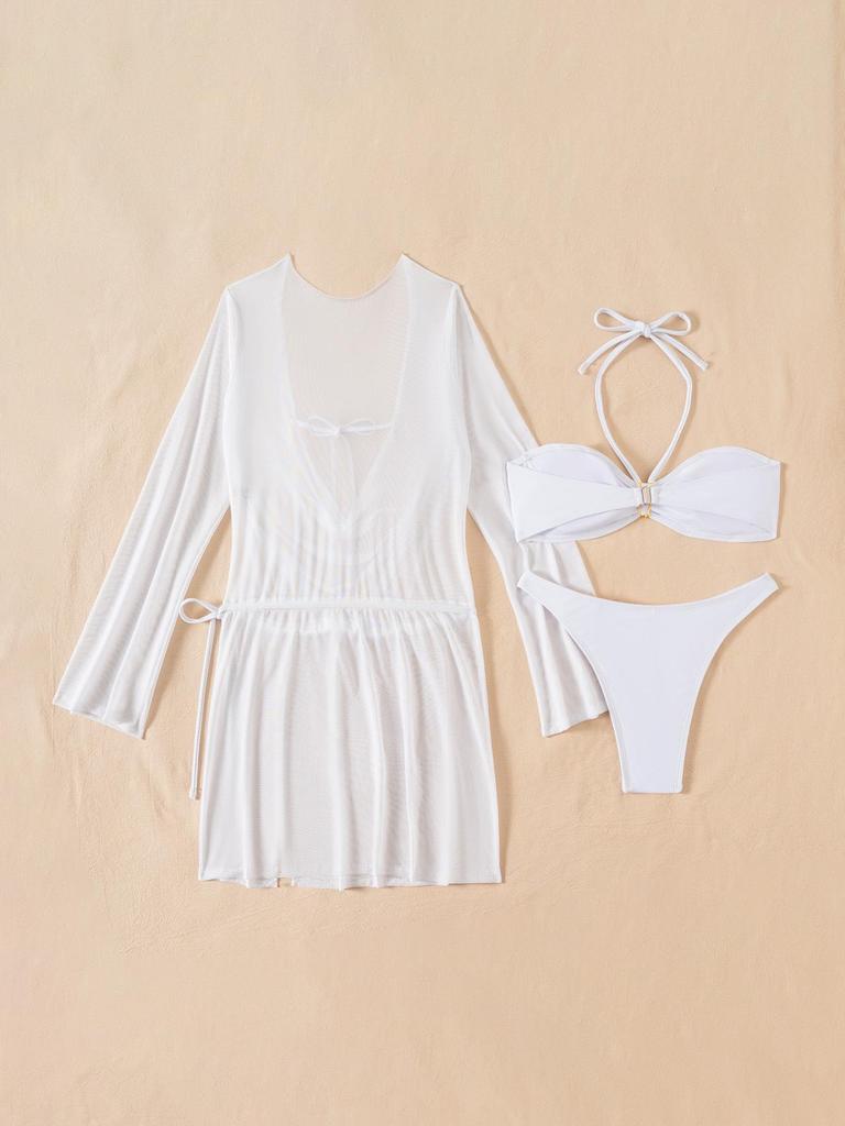 2026 Trendy European & American Women's Sexy Halter Bikini Swimwear Three-Piece Set