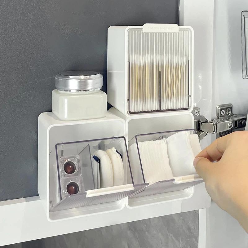 Punch Free Cotton Swab Storage Box Bathroom Wall Mounted Flip Cover Makeup Cotton Box Hair Clips Hair Ring Small Item Organizer