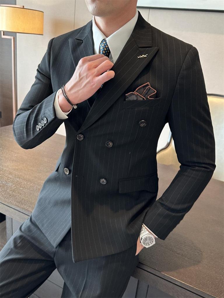 Men's Striped Double-Breasted Slim-Fit Business Casual Suit
