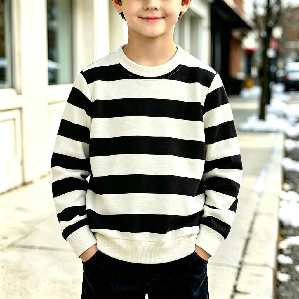 Boys Girls Striped Long Sleeve Crewneck Sweatshirt Casual Comfortable Pullover for Fall and Winter