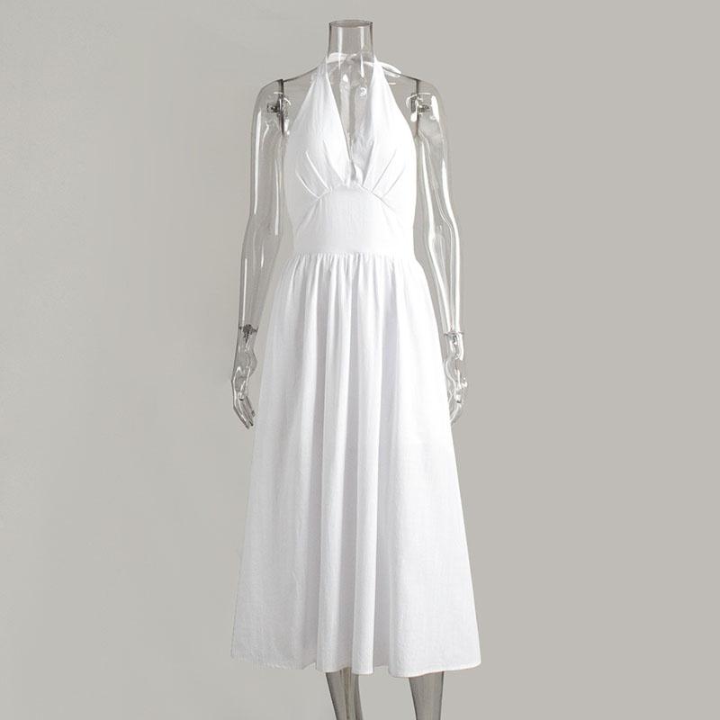 Bílé bavlněné halter šaty s výstřihem do V, sexy odhalená záda, dámské šněrovací A-line šaty, top v pase, velká sukně, módní plážové šaty na dovolenou, léto nové