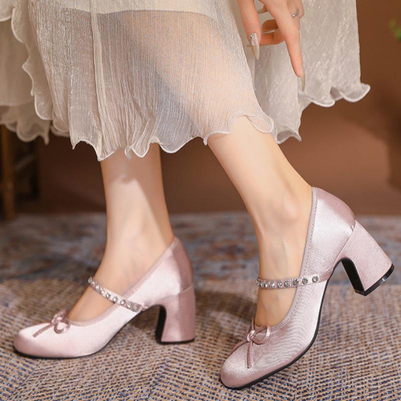 Søt sløyfe Høye hæler Rhinestones En-stropp Damesko Rund tå Mary Jane-sko