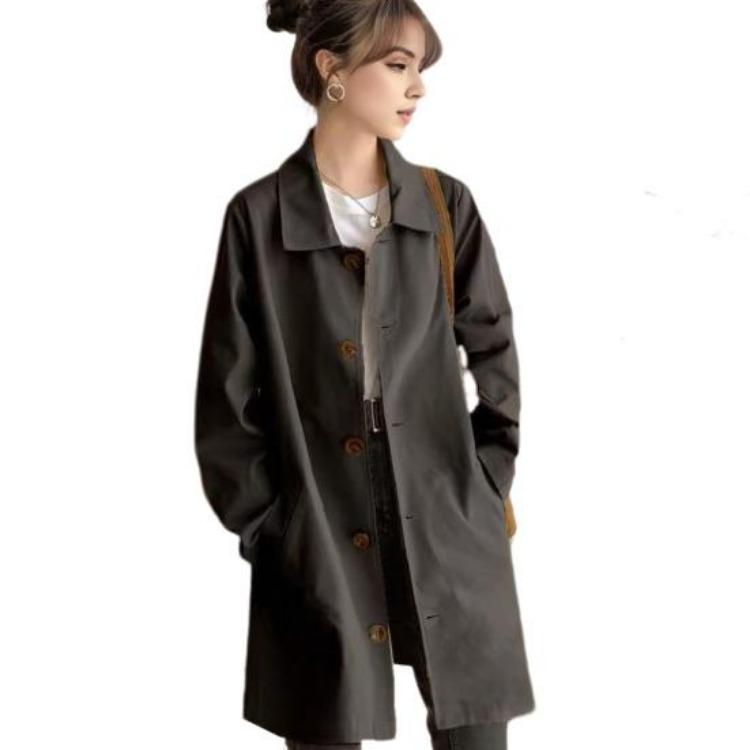 Women Windbreaker Overcoat Turn Down Collar Button Down Long Sleeves Loose Pockets Mid Length Outdoor Travel Commuting Jacket