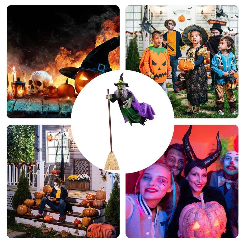 Halloween Props Hovering Witch Lights Prop Fun Costumes Flying Scary Witch Broom Wizard Decor for Garden Yard Lawn Indoor