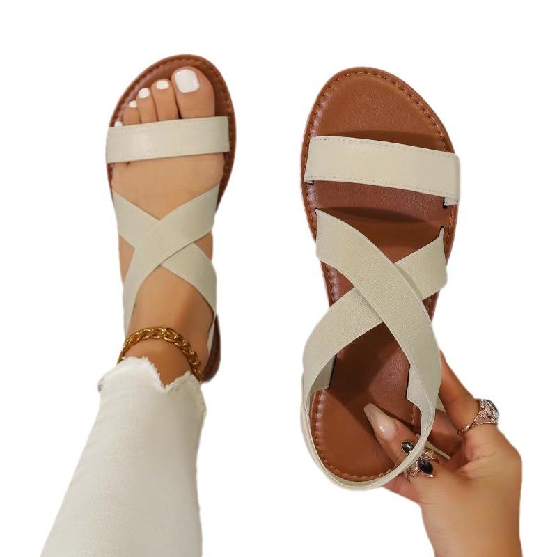 New Women's Cross Elastic Strap Flat Sandals, Roman‑Style Plus‑Size Minimalist Solid Color Peep‑Toe Sandals New Arrival