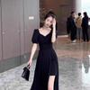 [Spot] Summer Small Black Dress Waist Thin Split Skirt Black Short-sleeved Dress Women's Thin Skirt