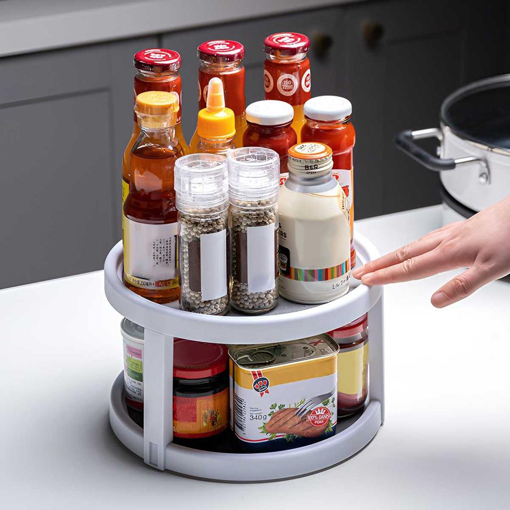1 PC 2-layer 360-degree Rotating Spice Storage Rack Non-slip Turntable Storage Tray Cosmetic Storage Box for Space Saving