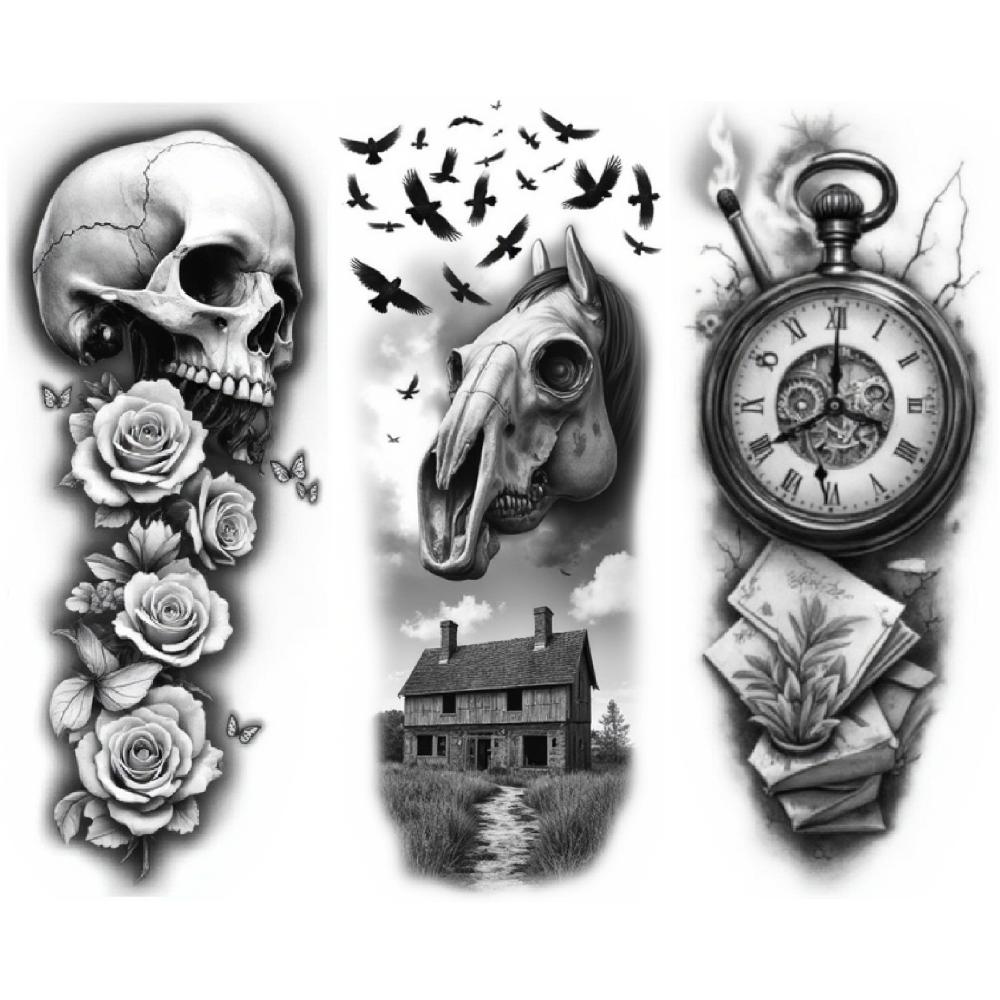 3 Stück Temporäre Tattoos Realistische Temporäre Tattoos Landschaft Mit Fahrrädern Menschlicher Schädel Mit Rosen Laterne Mit Blumen Für Männer