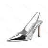 Fashion Sexy High Heels Crystal Sandals Slingback Women Pumps Metallic Pointy Toe Stiletto Heeled Shoes Silver Party Dress Woman Shoes