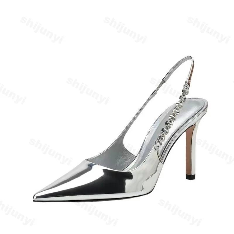 Fashion Sexy High Heels Crystal Sandals Slingback Women Pumps Metallic Pointy Toe Stiletto Heeled Shoes Silver Party Dress Woman Shoes