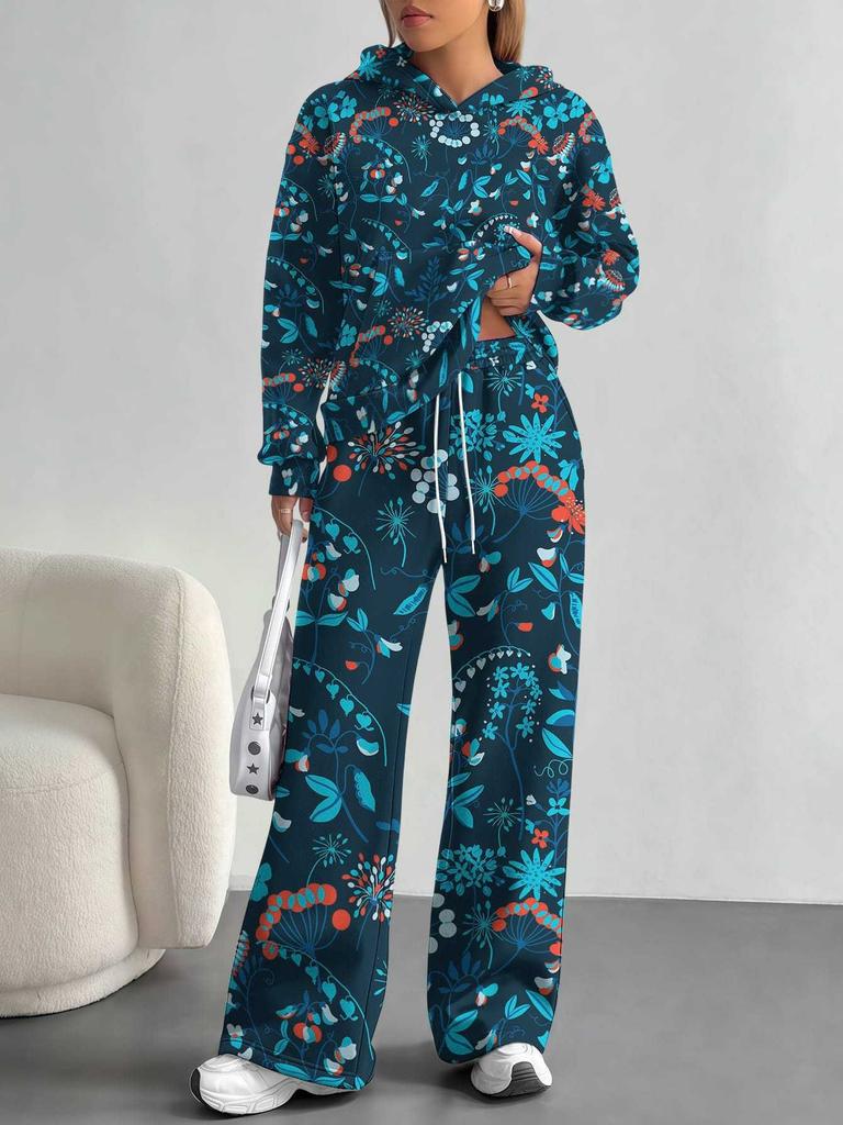 Flowers European, American Autumn and Winter Casual Long-sleeved Suit Women's Hooded Sweater Trousers Two-piece Set