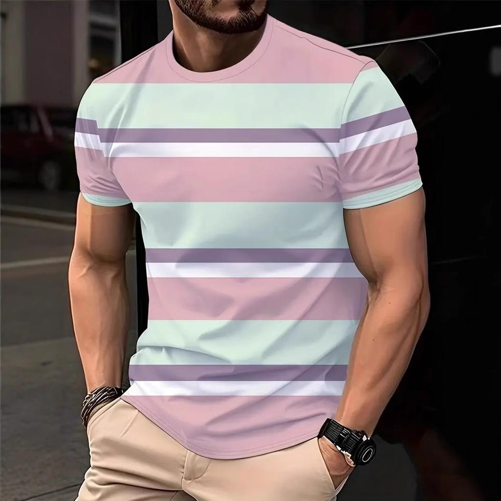Summer Round Neck Color - Block & Striped 3D Print Top Fashionable Casual Short Sleeved Men's T-shirts