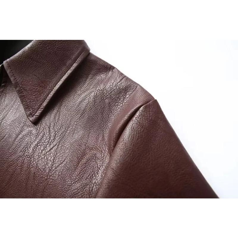 Vintage Solid Color Lapel Zipper Leather Outwear Casual Long Sleeved Elastic Short Women Coat Fall Commuting Street Jacket