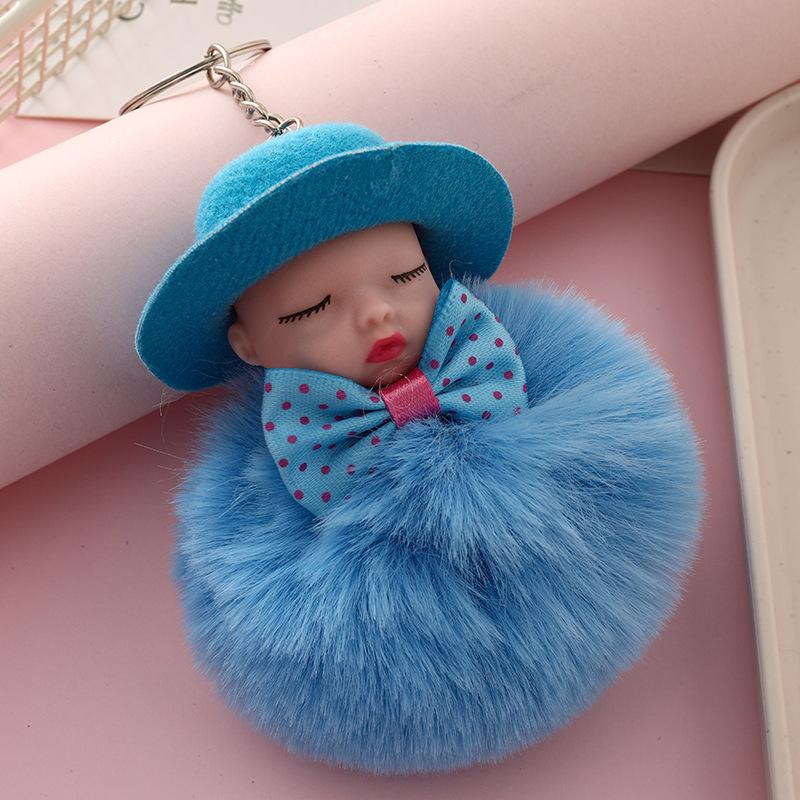 Sleeping Doll Keychain with Hat & Bow, Plush Fur Ball Ornament