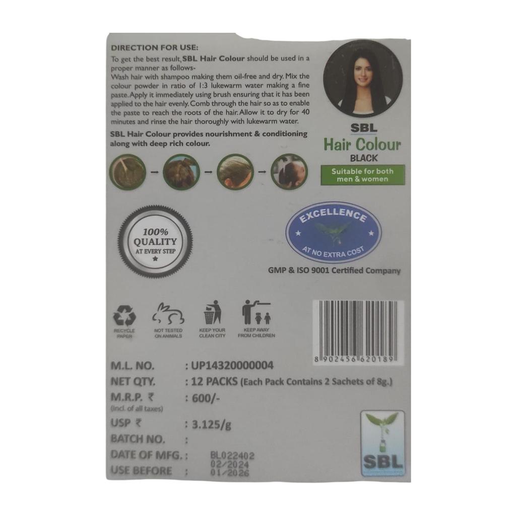 SBL Haarfarbe Pulver Schwarz 12 Beutel X Packung 1 Natürliche Farbabdeckung Einfache Anwendung Für Glattes Glänzendes Haarfinish