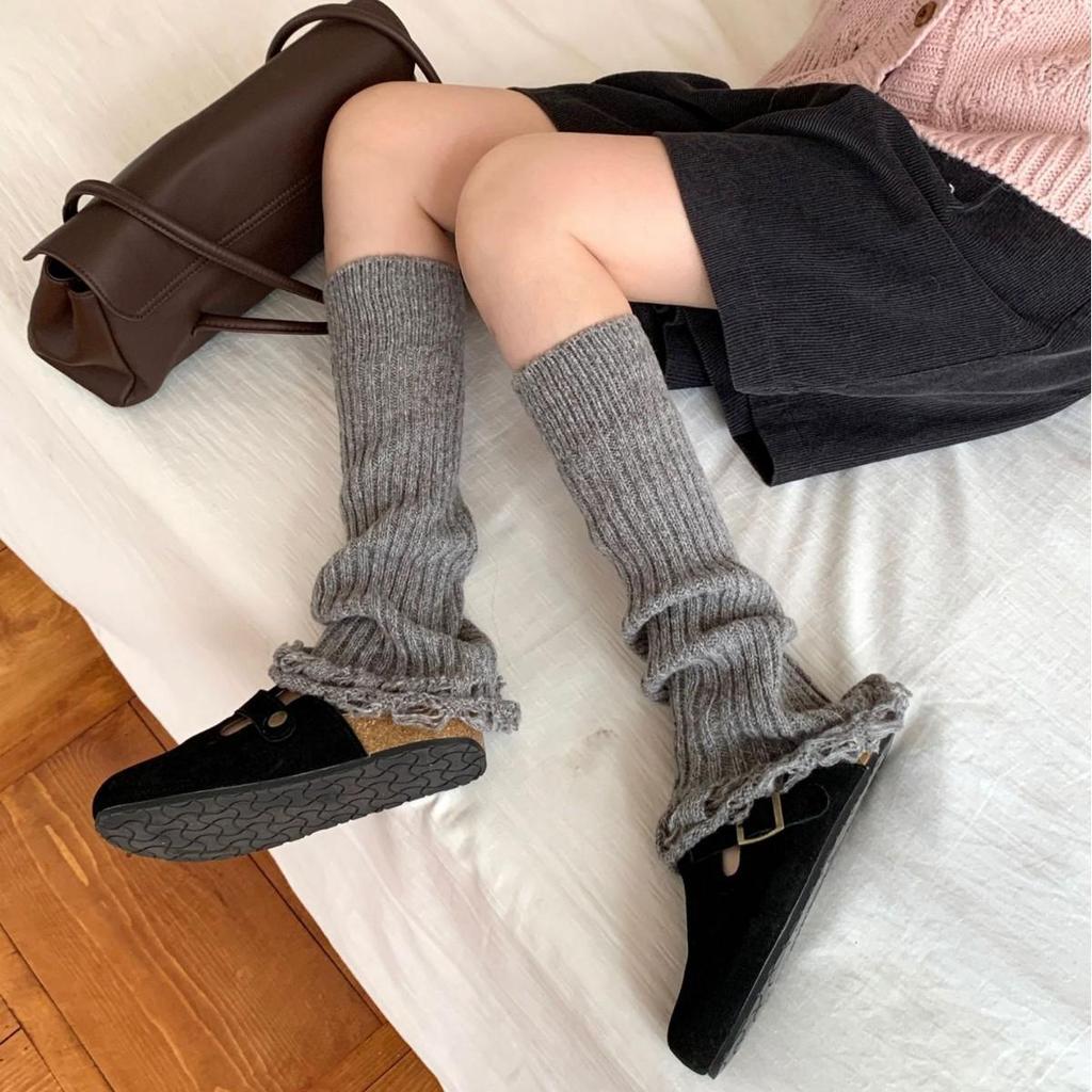 Guêtres chaudes tricotées style japonais pour femmes - Gris rétro mi-mollet, Blanc lait doux hauteur genou - Parfaites pour l'automne/hiver.