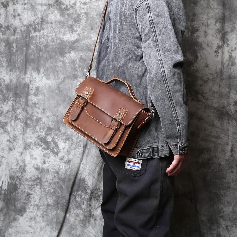 NZPJ Retro Leather Men's Mailman Bag Crazy Horse Men's Bag Top Layer Cowhide Shoulder Bag Casual Handbag For 10-Inch IPad